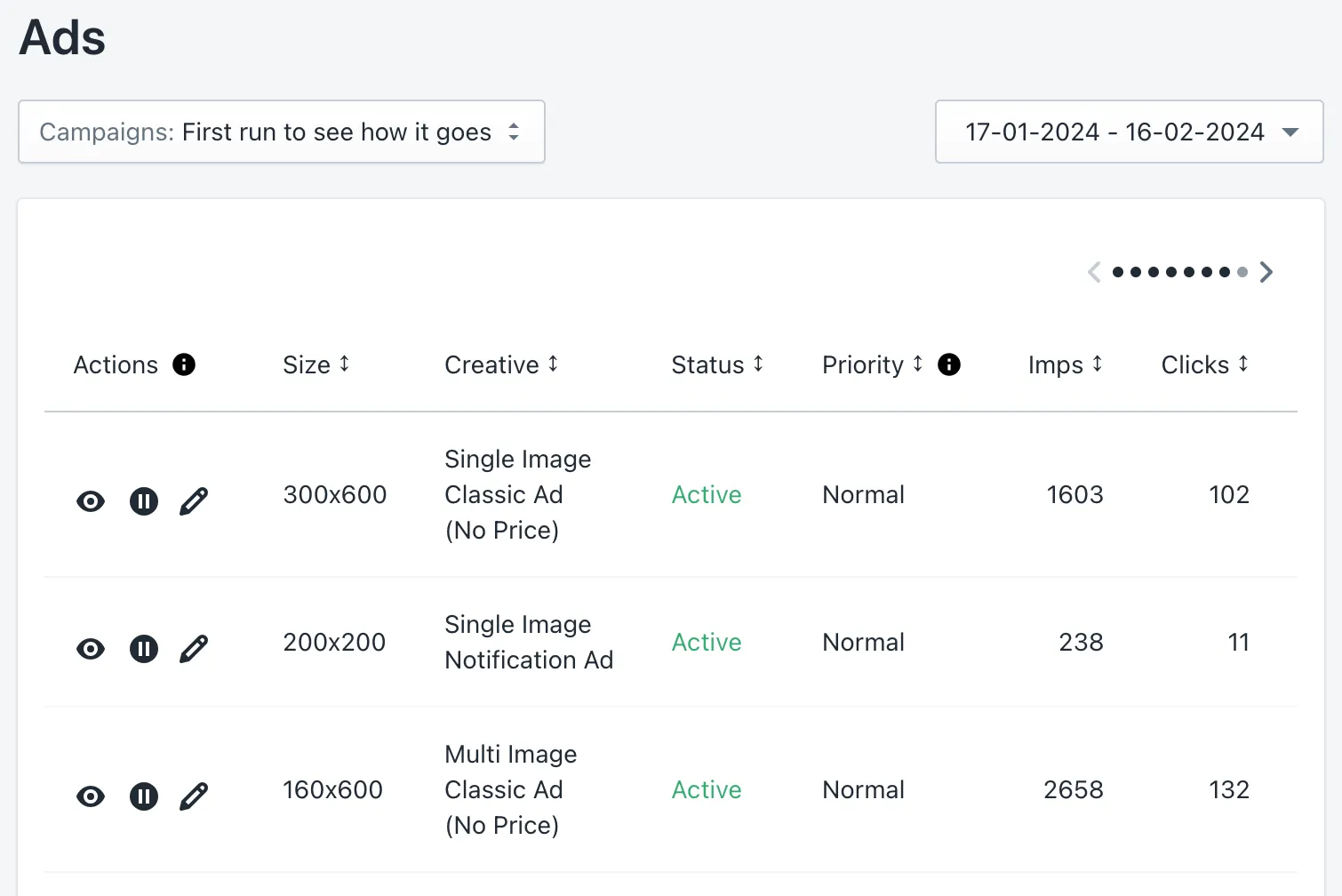 The Ads section: a table of banners with size, creative, status, priority, impressions and clicks