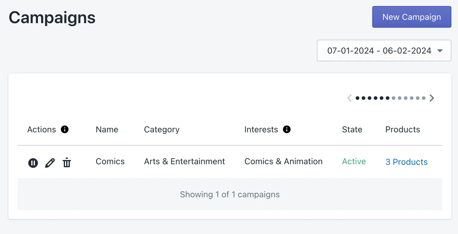 The Campaigns section: a campaign row with category, interests, state and products