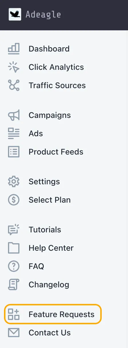 The app menu with the Feature Requests link highlighted