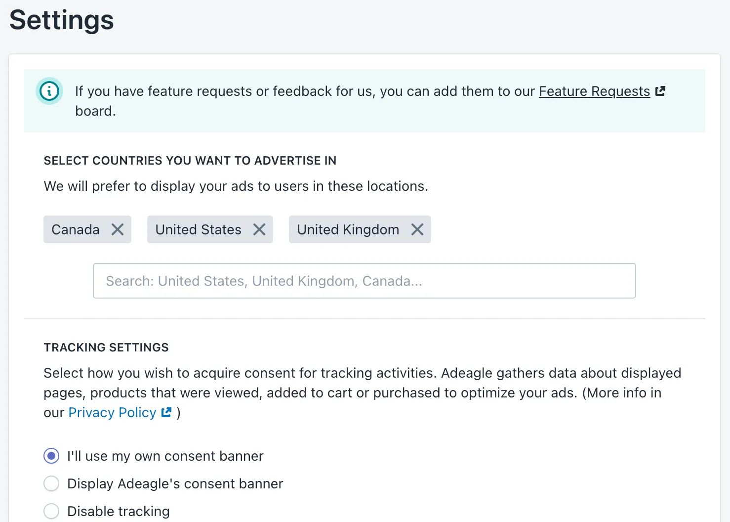 The Settings section: countries to advertise in and the tracking consent options