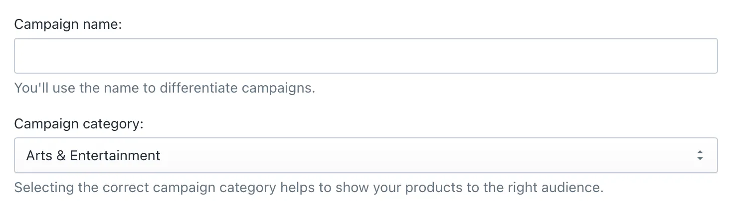 Step 1 of the campaign wizard: campaign name and category