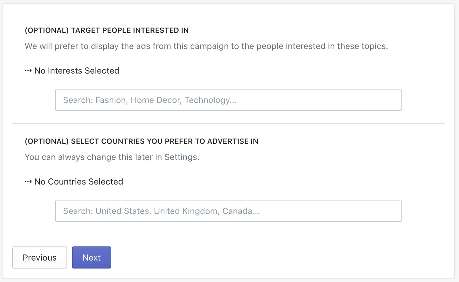 Step 2 of the campaign wizard: shopper interests and countries