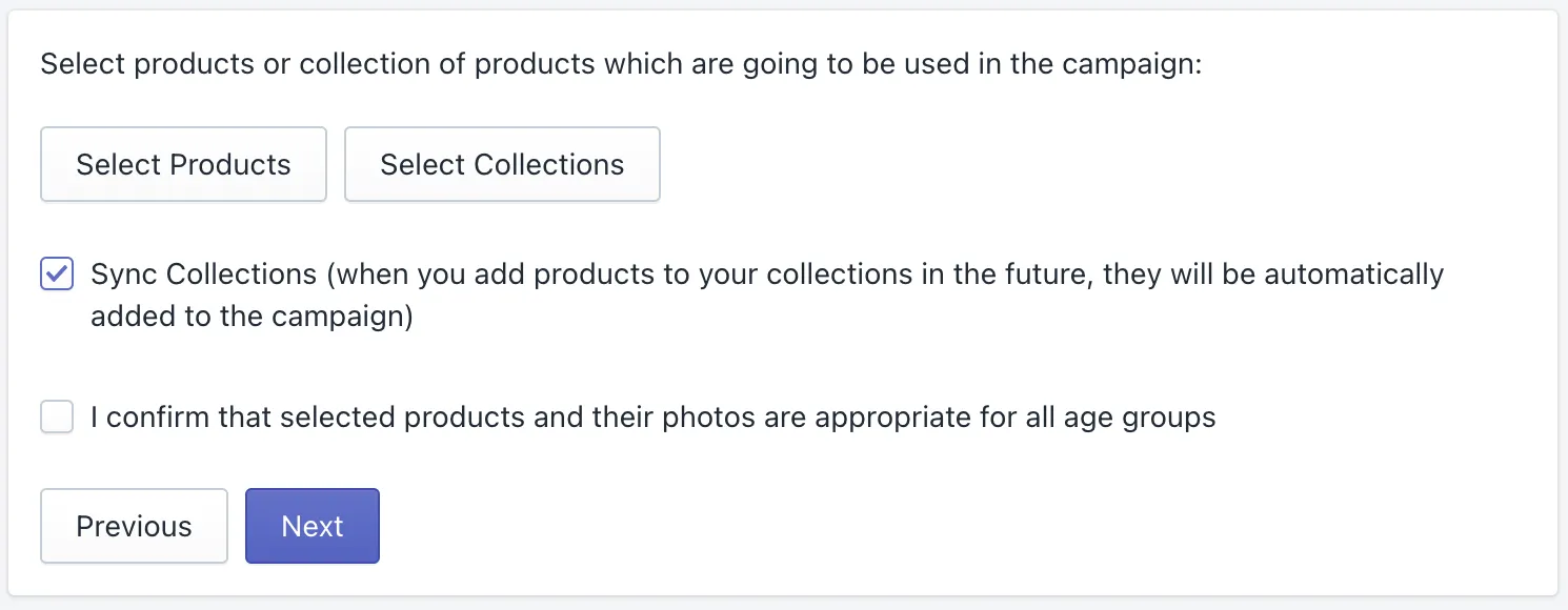 Step 3 of the campaign wizard: select products or collections