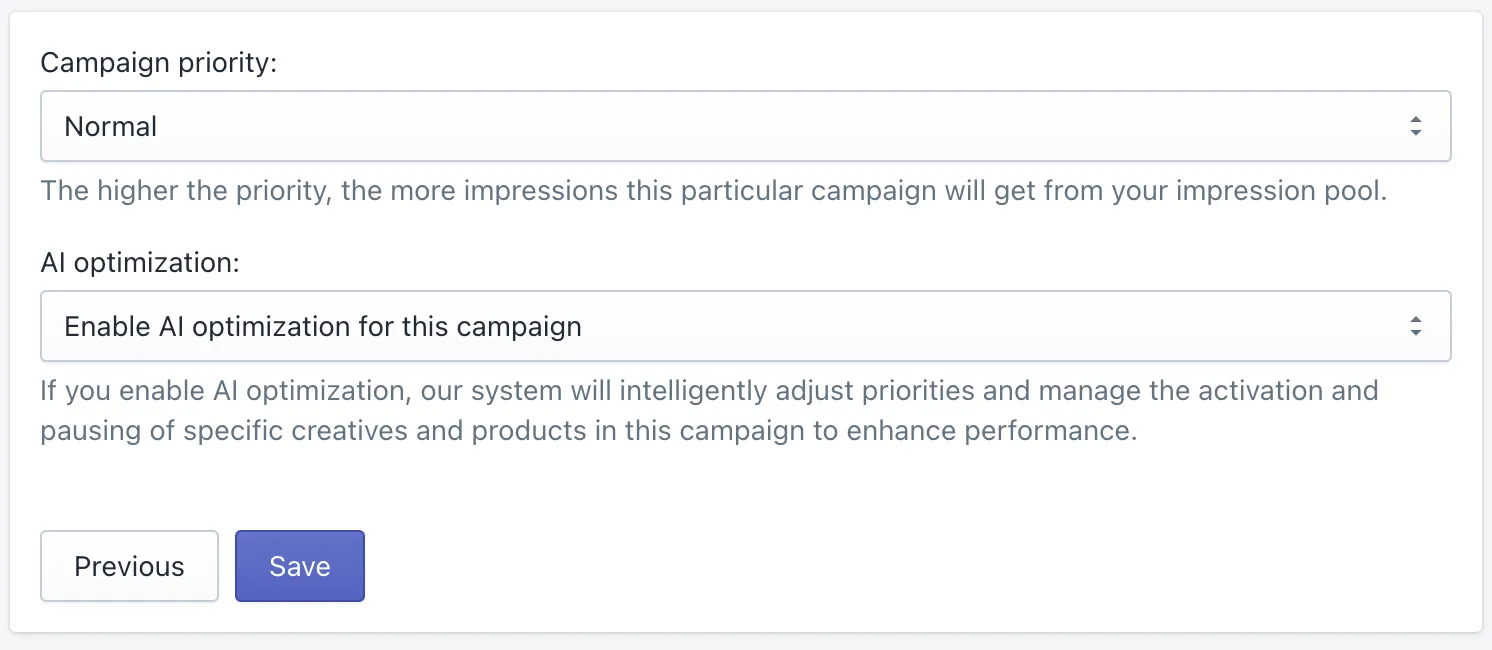 Step 4 of the campaign wizard: campaign priority and AI optimization